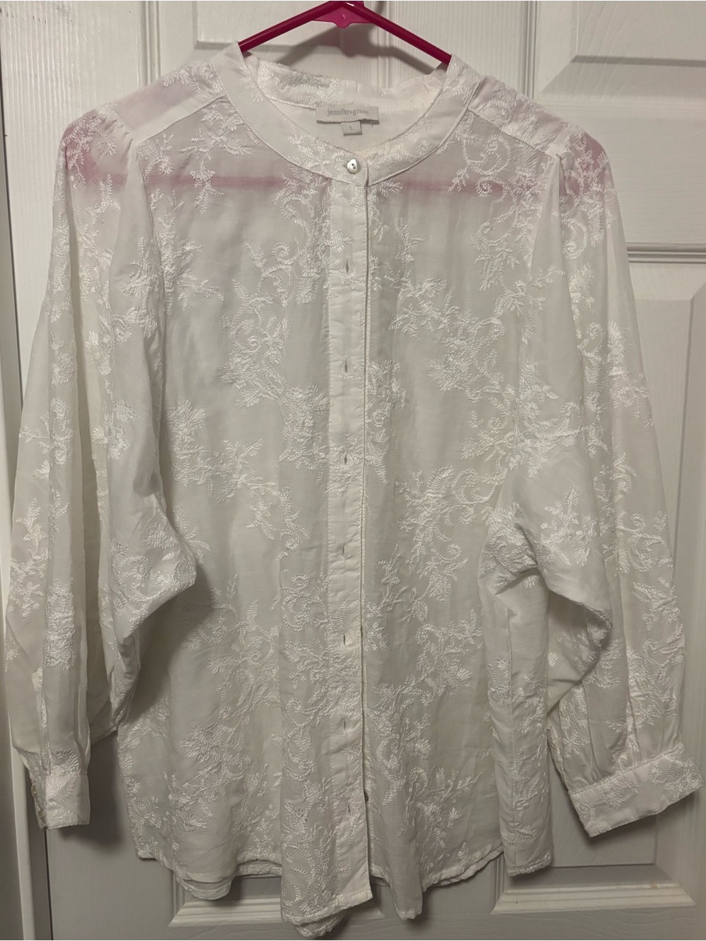 Jennifer & Grace 100% Cotton White Embroidered Banded Collar Button-Up Blouse L